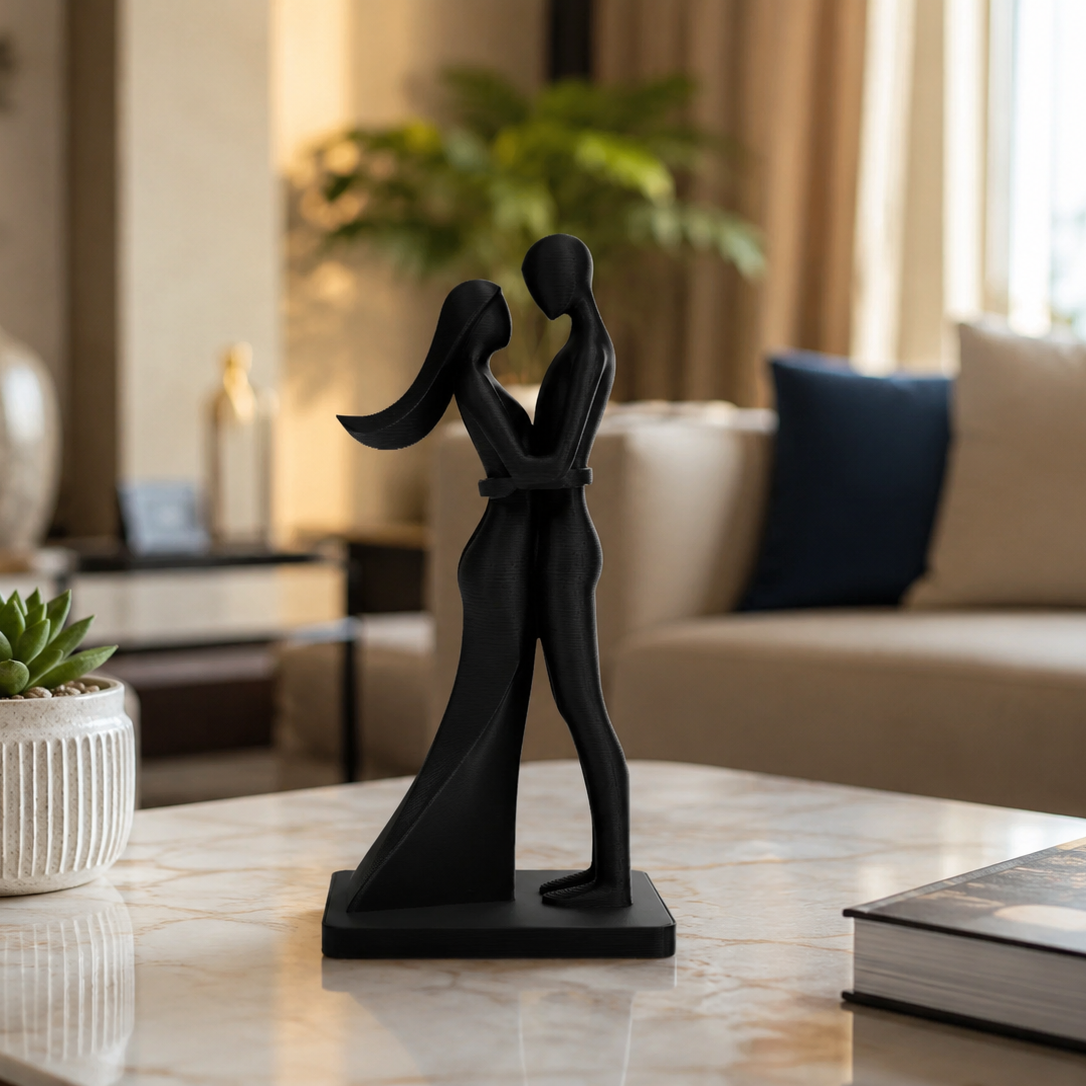 Abstract Couple Statue — 3D Printed Matte Black | Home Decor & Romantic Gift | 8 inch / 20cm