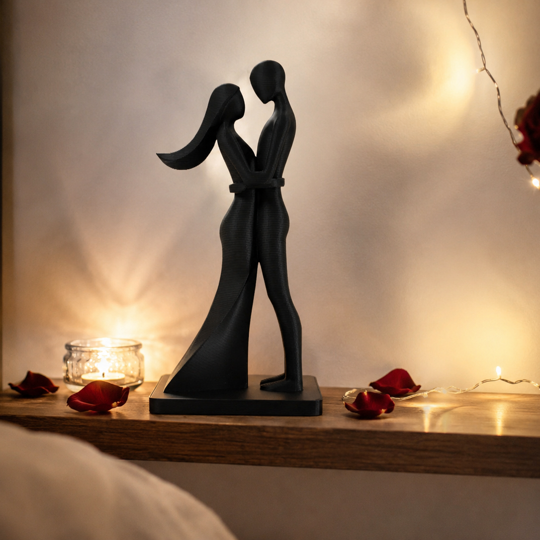 Abstract Couple Statue — 3D Printed Matte Black  | Home Decor & Romantic Gift | 8 inch / 20cm