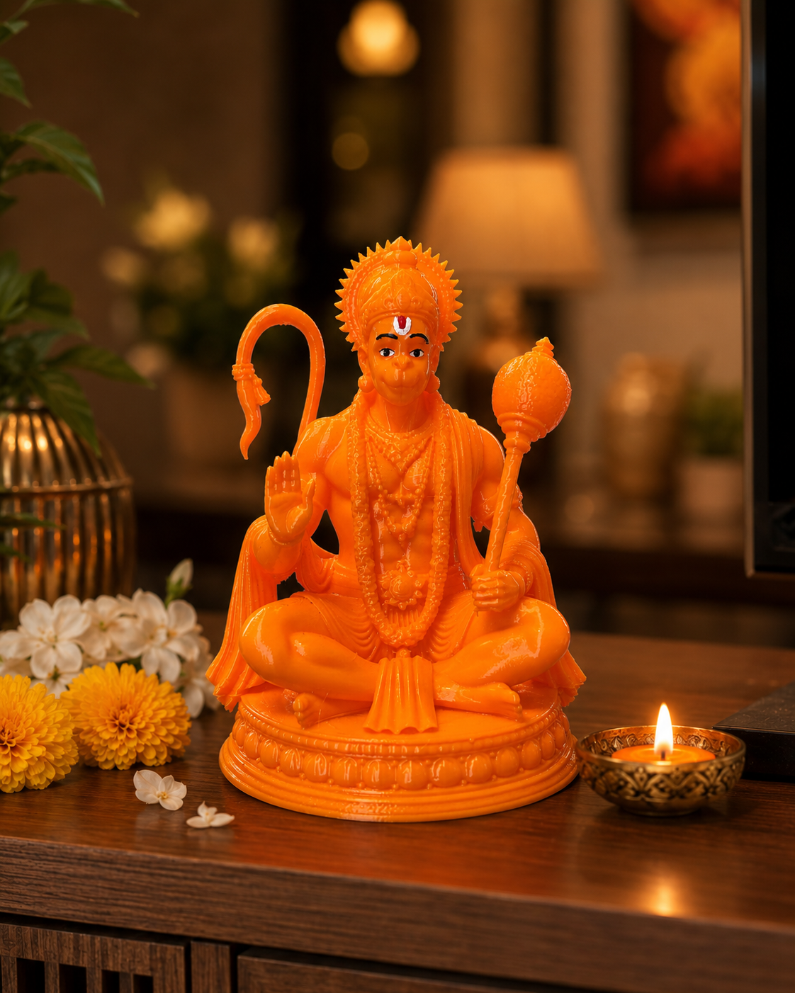 Hanuman Ji Seated Murti — 3D Printed  Saffron Orange | Home Mandir   | 4.5 inch / 11.5cm
