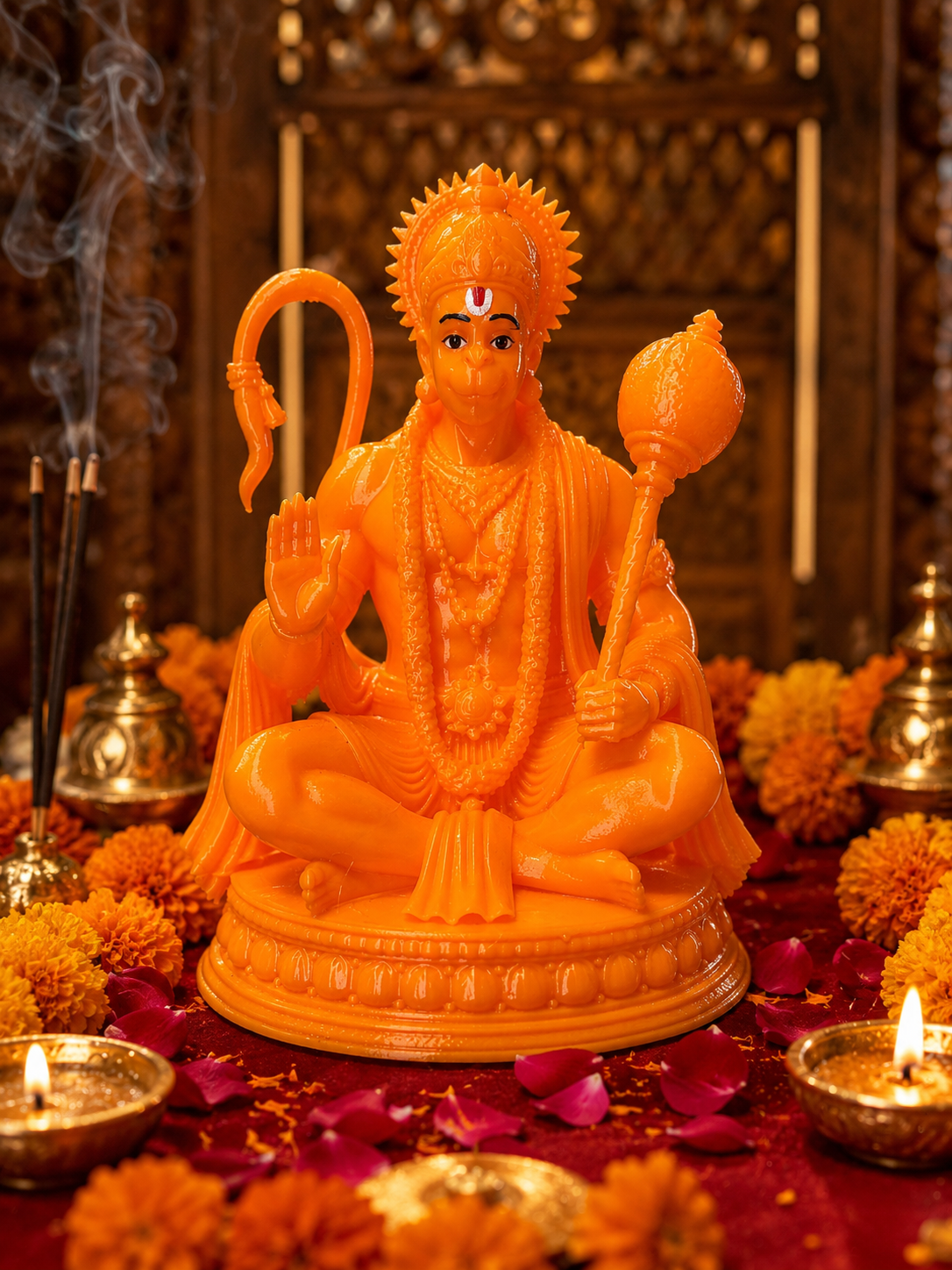 Hanuman Ji Seated Murti — 3D Printed  Saffron Orange | Home Mandir   | 4.5 inch / 11.5cm